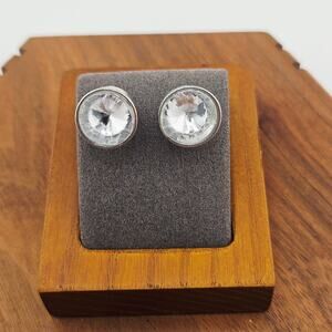 Silver Tone Clear Stone Gem Stud Post Earrings Chunky Bold Round Signed E.L.